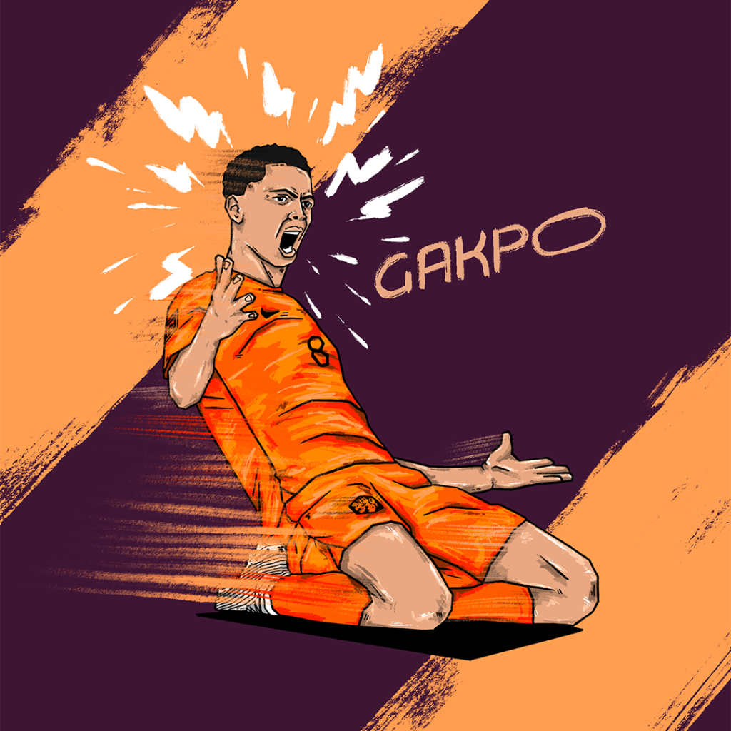 Digital illustration of Dutch player Cody Gakpo
