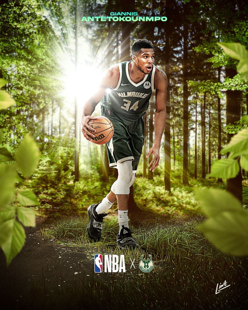 Giannis Antetokounmpo photomanipulated into the forest with beams of light bursting behind him.