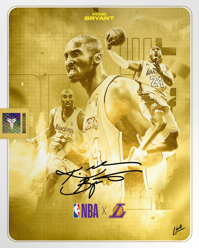 A digital style trading card of Kobe Bryant themed gold for a legend series.