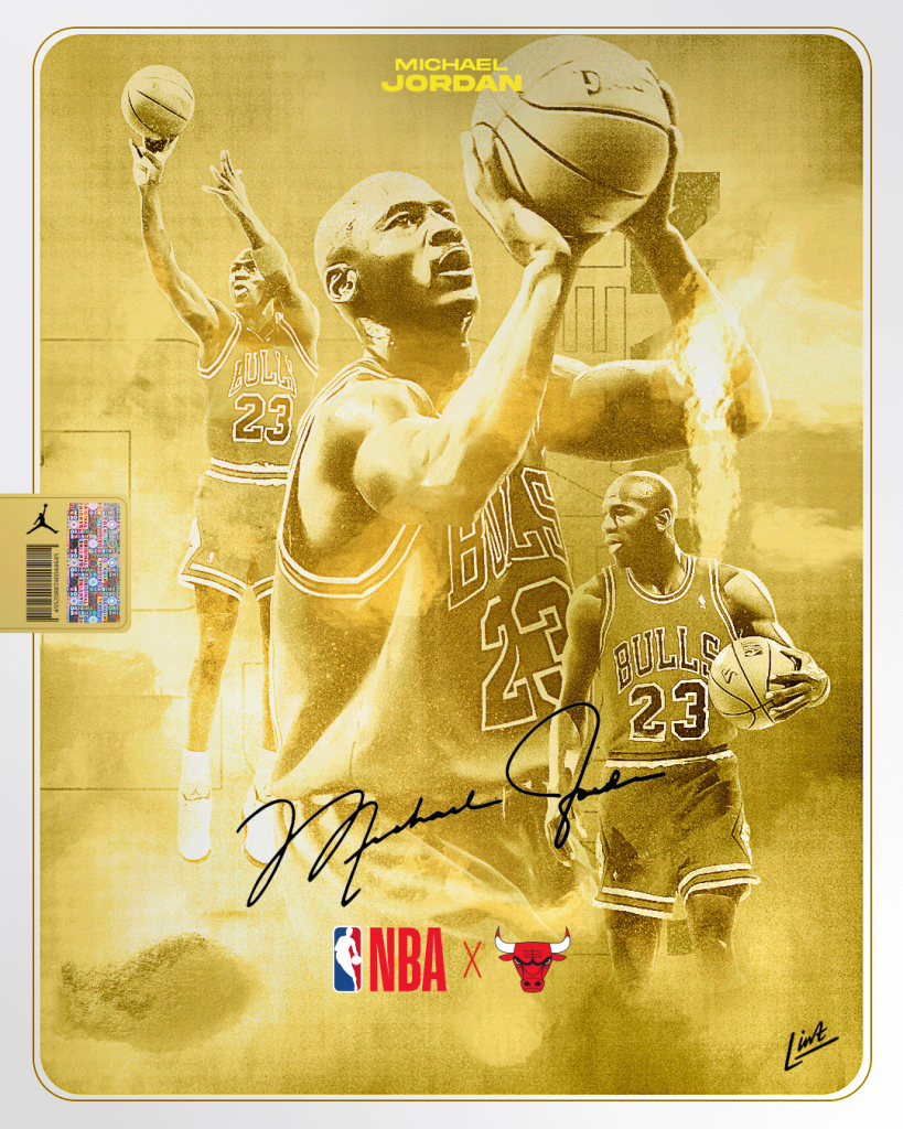 A digital style trading card of Michael Jordan themed gold for a legend series.