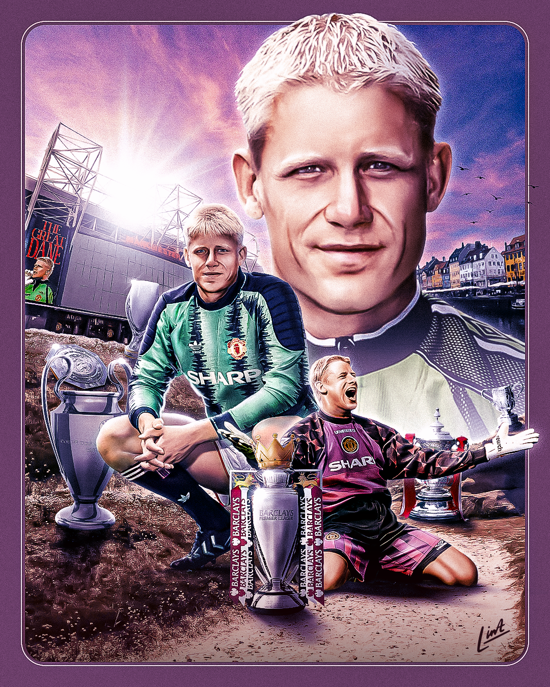 Artwork showing Peter Schmeichel posing with the trophies he won over his career with Manchester United.