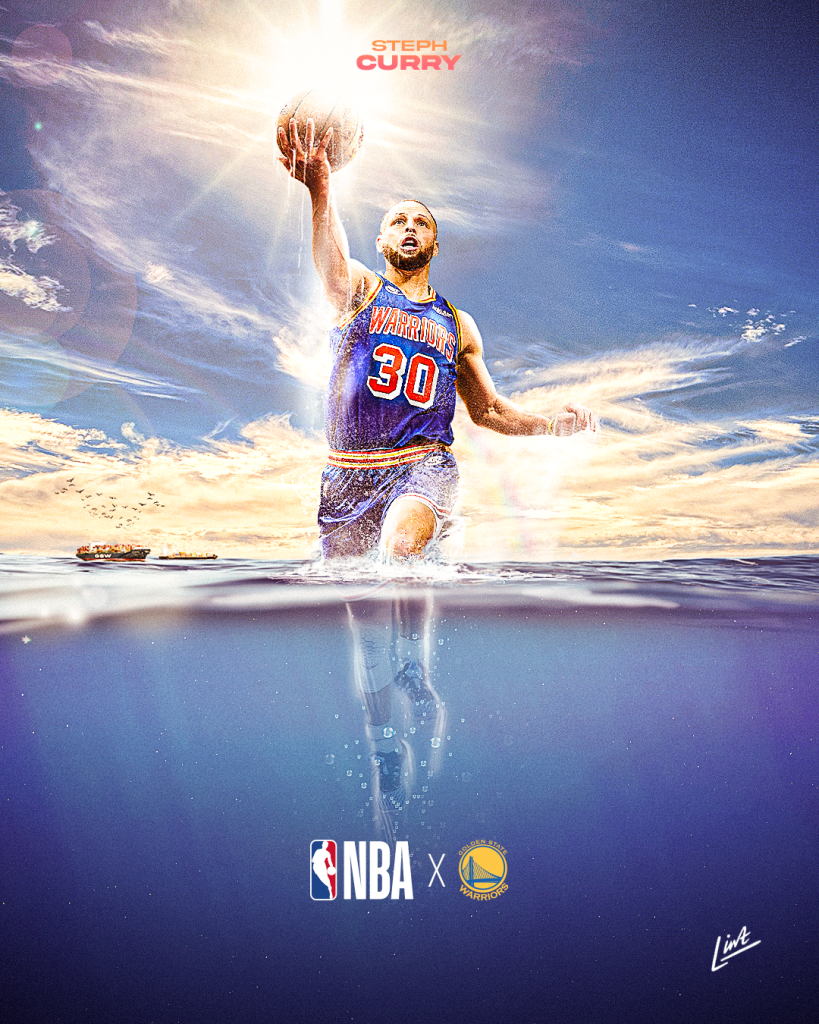 A gigantic Steph Curry emerging out of the deep dark ocean raising the basketball above him.