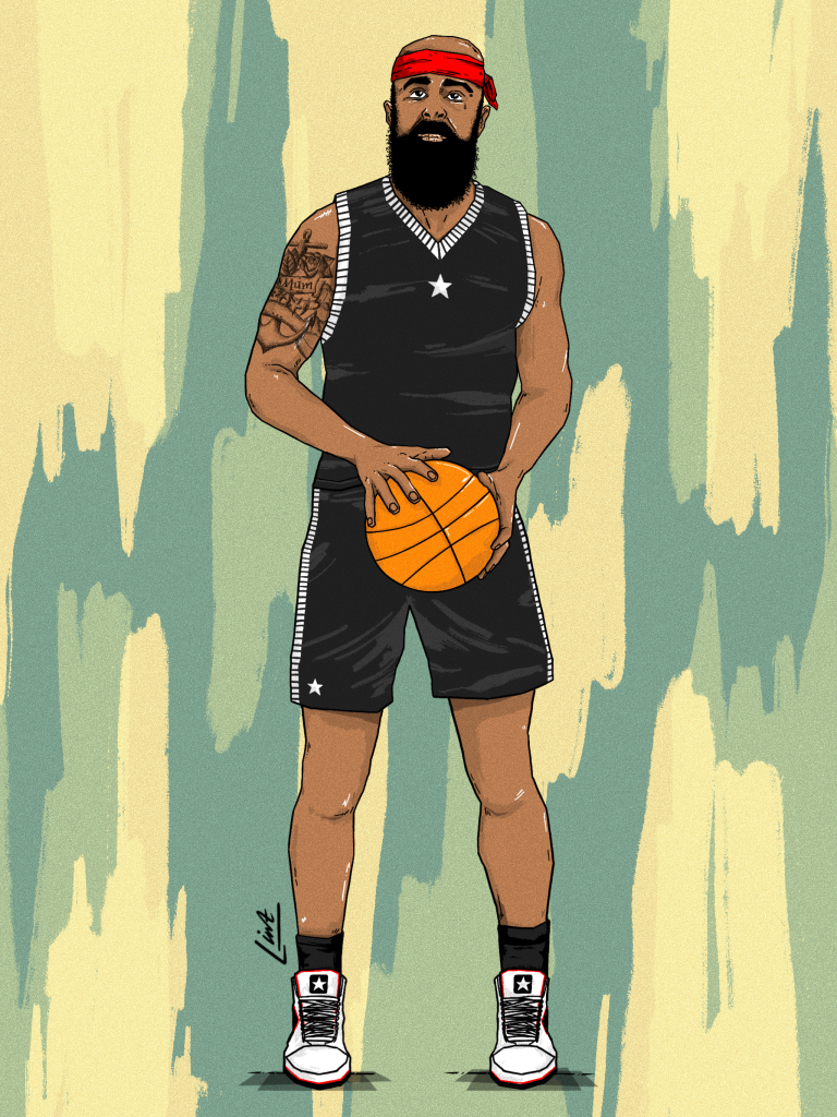 A digital illustration of a retro basketballer, wearing Converse attire, a bandana and a donning a black beard.