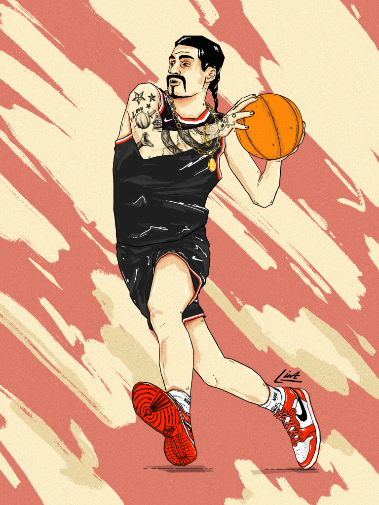 A digital illustration of a retro basketballer, wearing Nike attire and gold jewellery.