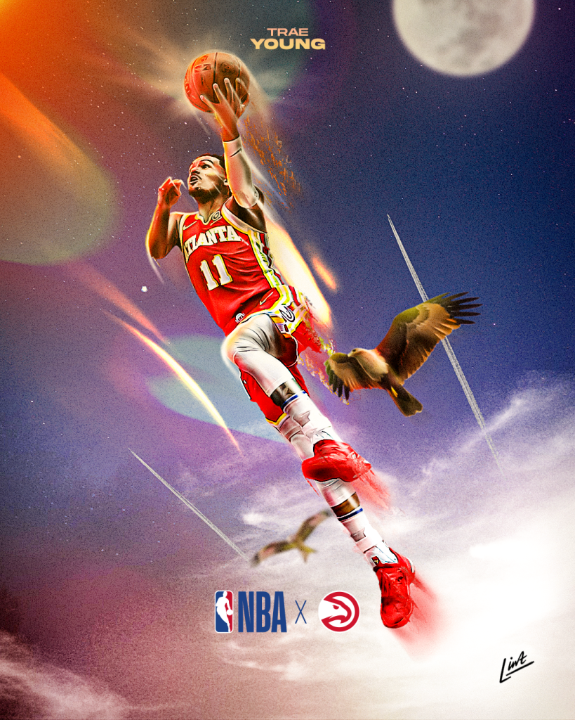 Trae Young flying through the sky at speed accompanied by hawks.