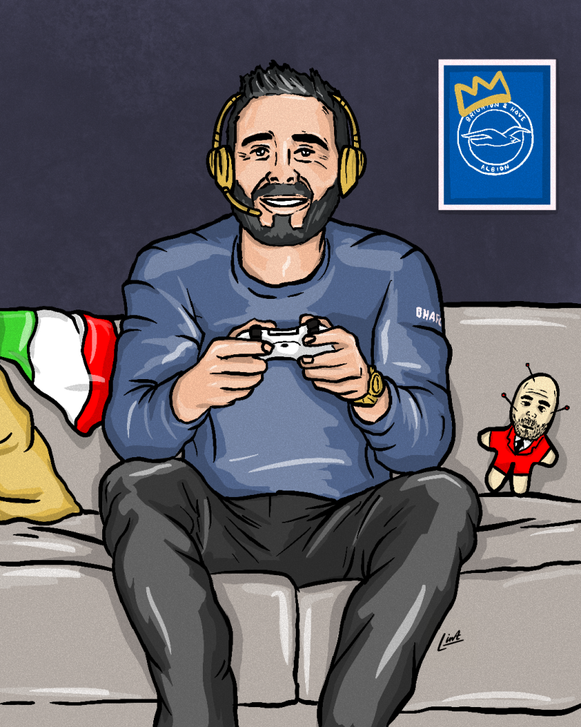 Digital Illustration of Brighton manager playing on a games console.