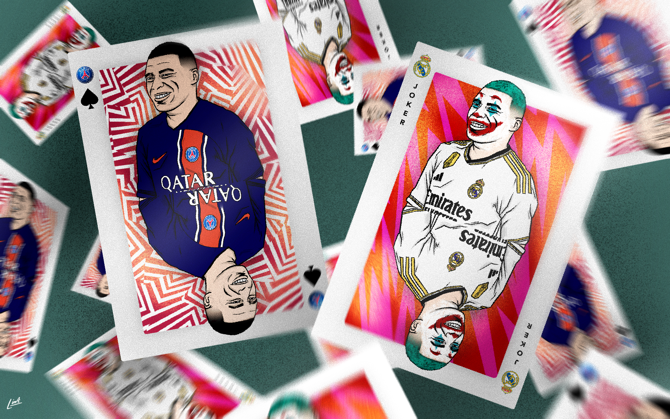 Digital illustration of Kylian Mbappe's transfer continuous transfer saga between PSG and Real Madrid shown with him on playing cards.