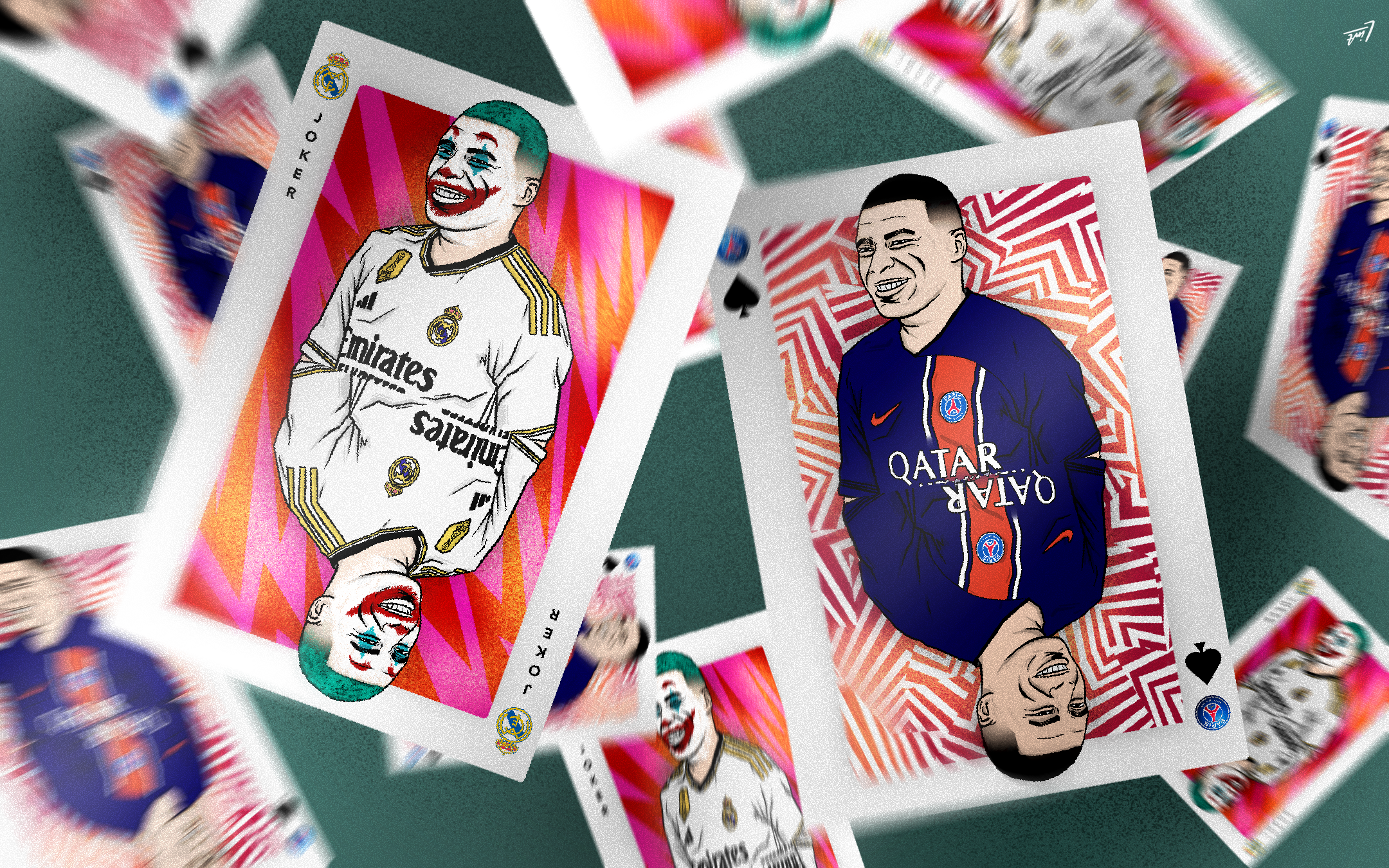 Digital illustration of Kylian Mbappe's transfer continuous transfer saga between PSG and Real Madrid shown with him on playing cards.